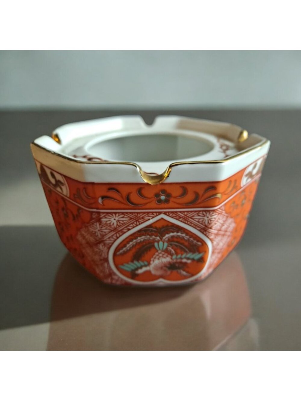 Vintage Asian Japanese Orange And Gold Ashtray Marked M382 Bird